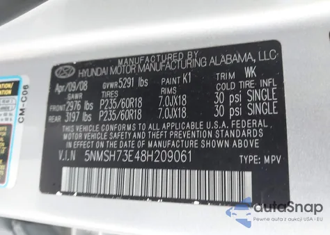 2008 Hyundai Santa Fe Limited/Se from USA, damaged, VIN 5NMSH73E48H209061